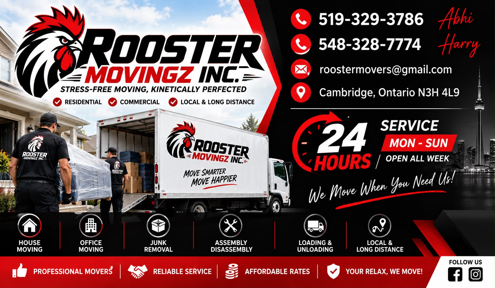 Rooster Movingz Inc. business card with contact details and moving services